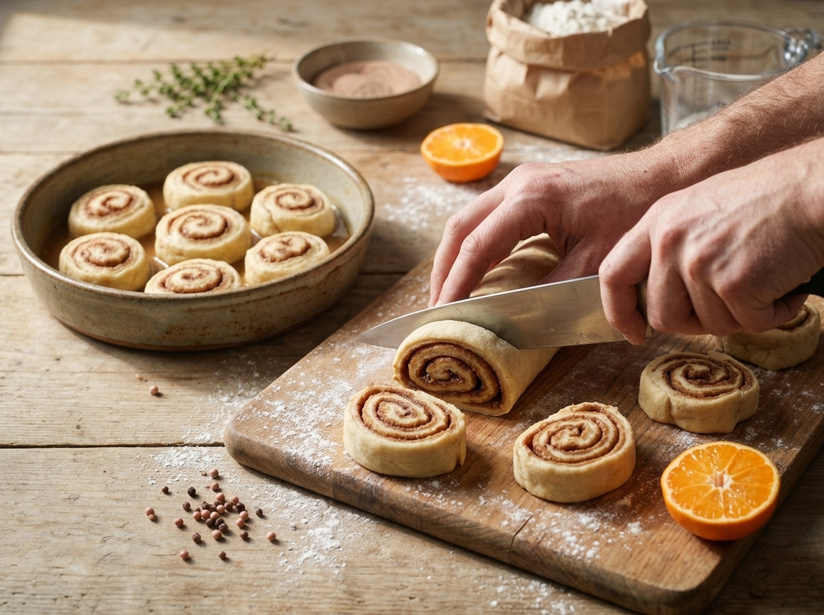 Hands slicing a cinnamon sugar dough log into rounds on a floured wooden board before arranging them in the baking dish.