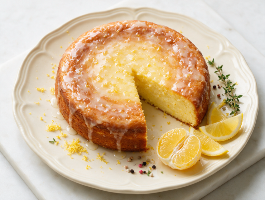 Sliced lemon ricotta cake on a marble board with glossy citrus glaze dripping down golden edges.