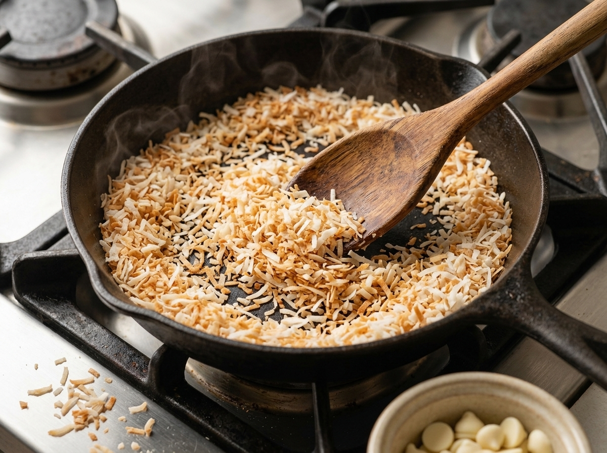 Close-up of shredded coconut toasting golden brown in a skillet, wooden spoon stirring the flakes over the stovetop.