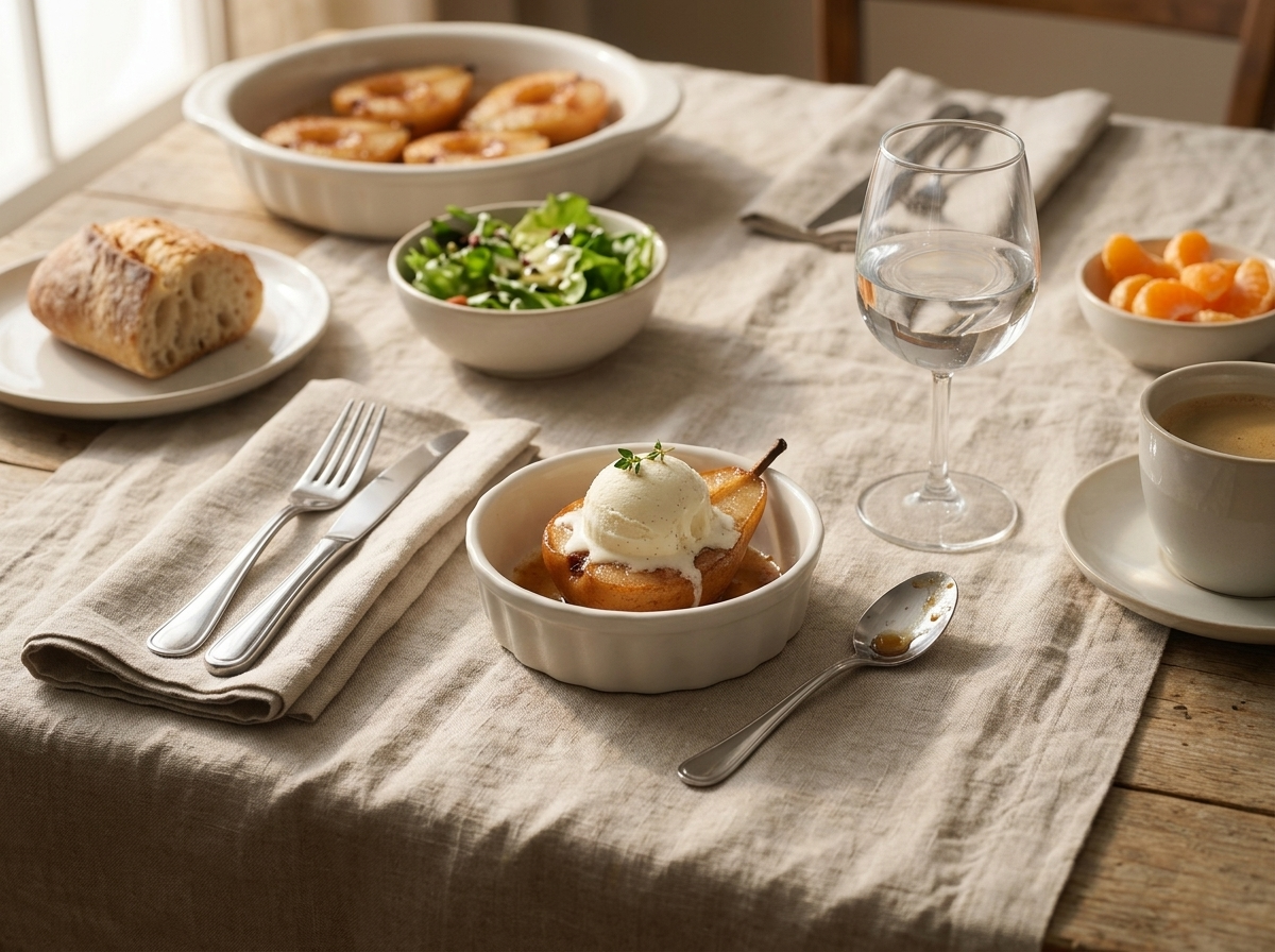 A wooden table with a bowl of warm baked pears topped with vanilla ice cream, linen napkin and coffee cup nearby.
