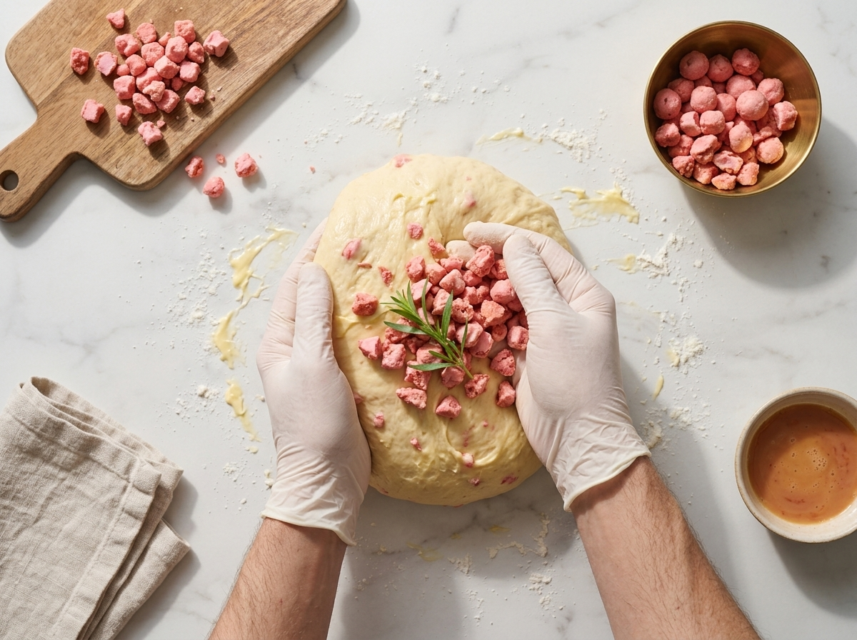 Hands folding chopped pink pralines into pale brioche dough on a floured marble counter before shaping.