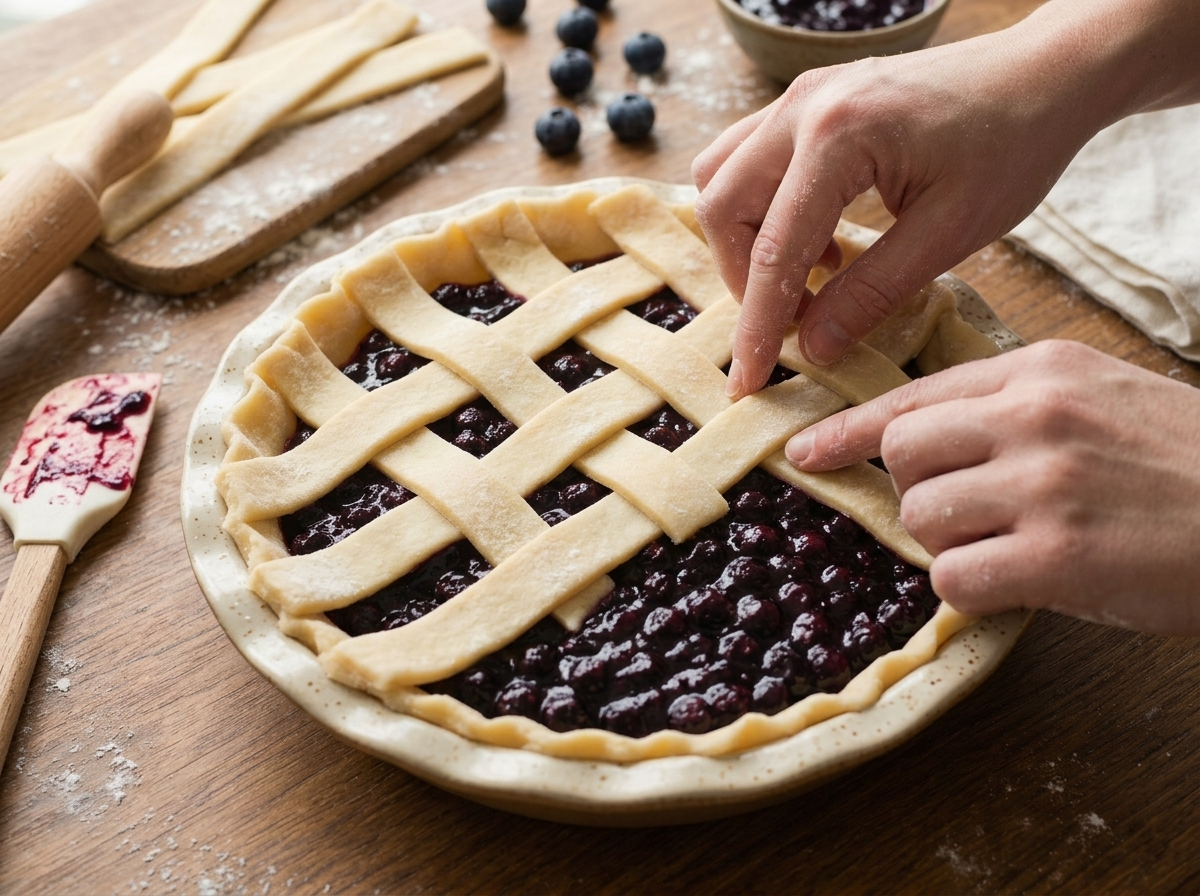 Hands weaving strips of pie dough into a lattice over glossy purple Saskatoon berry filling in a glass pie dish.