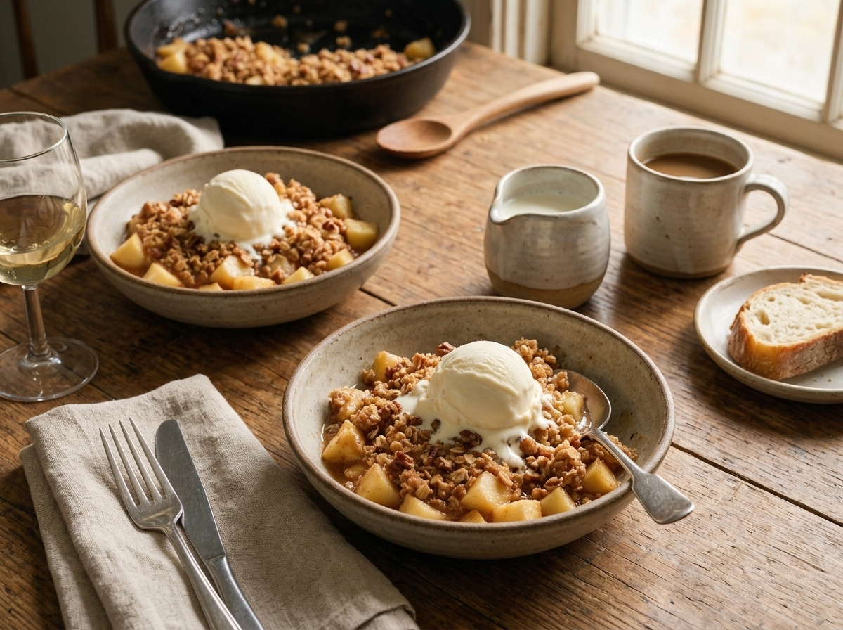 Two bowls of warm skillet apple crumble topped with melting vanilla ice cream set beside a linen napkin near a window