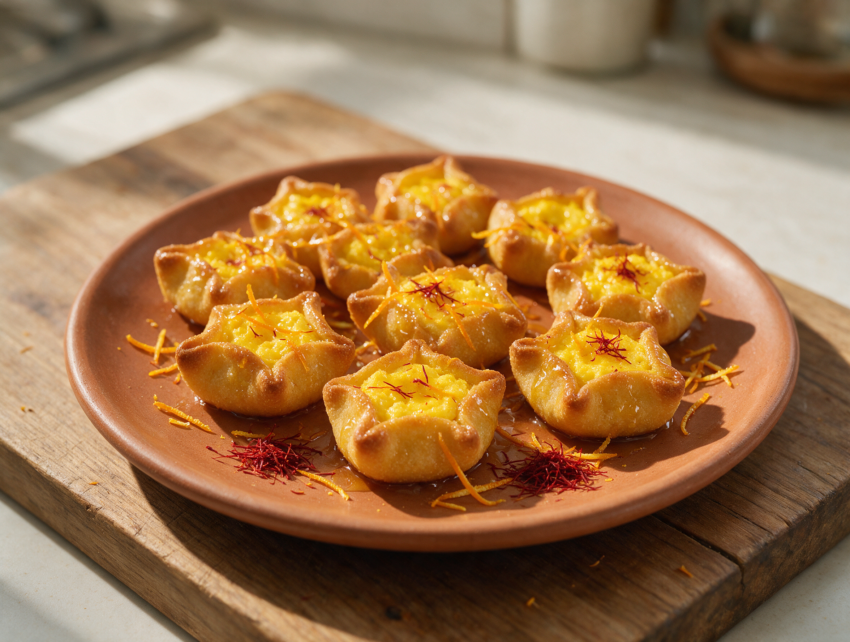 Golden Sardinian pardulas with saffron ricotta filling and honey glaze arranged on a rustic wooden board