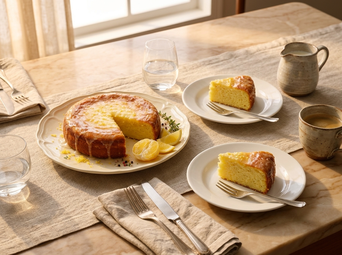 Two plates of lemon ricotta cake with forks, a linen napkin, and coffee cups on a sunlit table.