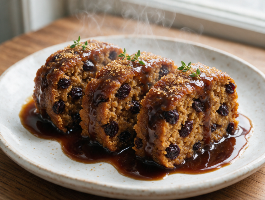 Sliced Newfoundland figgy duff on a white plate with dark molasses sauce pooling around each raisin-studded slice