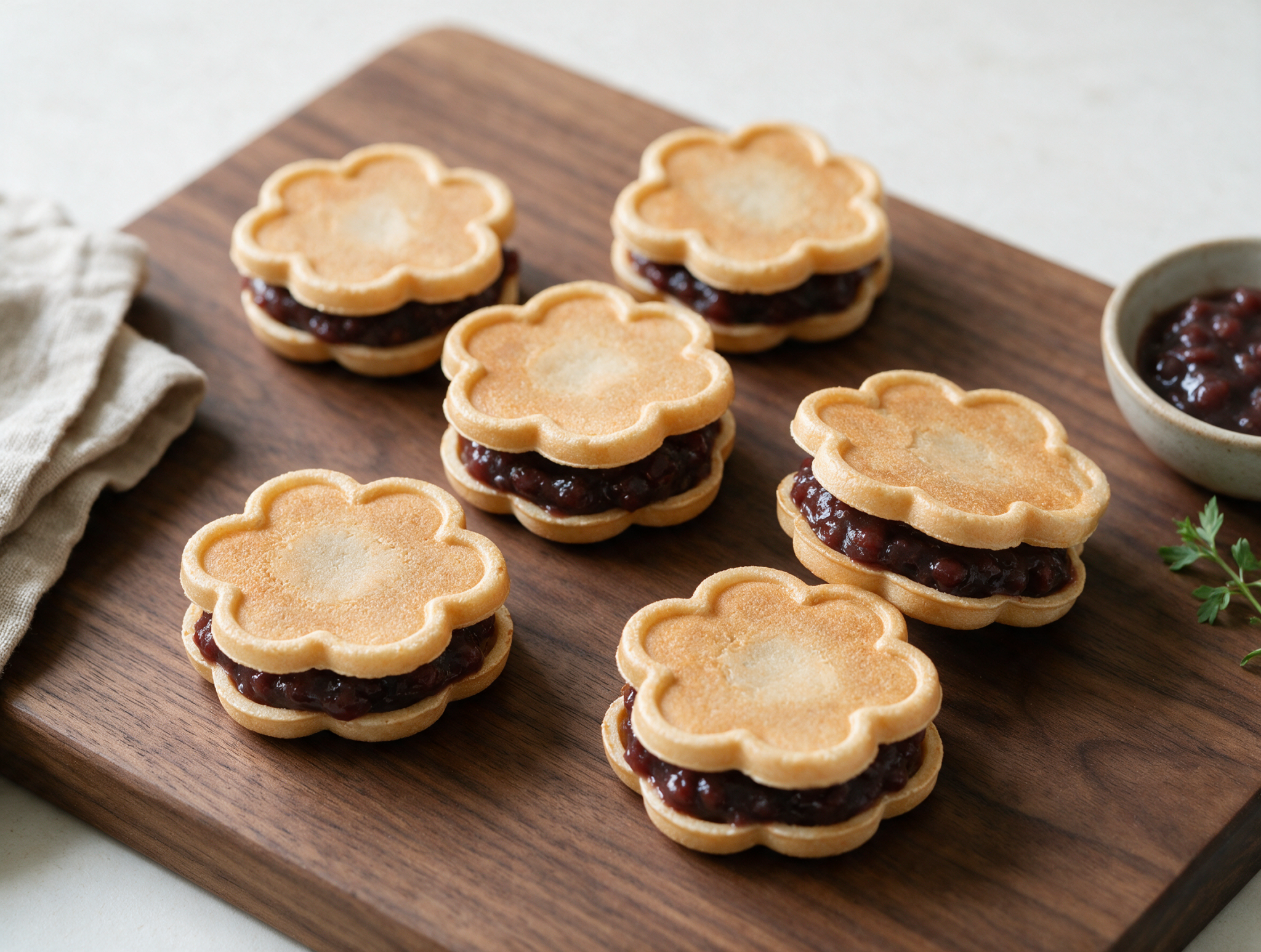 Overhead shot of six monaka wafer sandwiches stacked on a dark wood board, red bean paste peeking from the crisp edges.