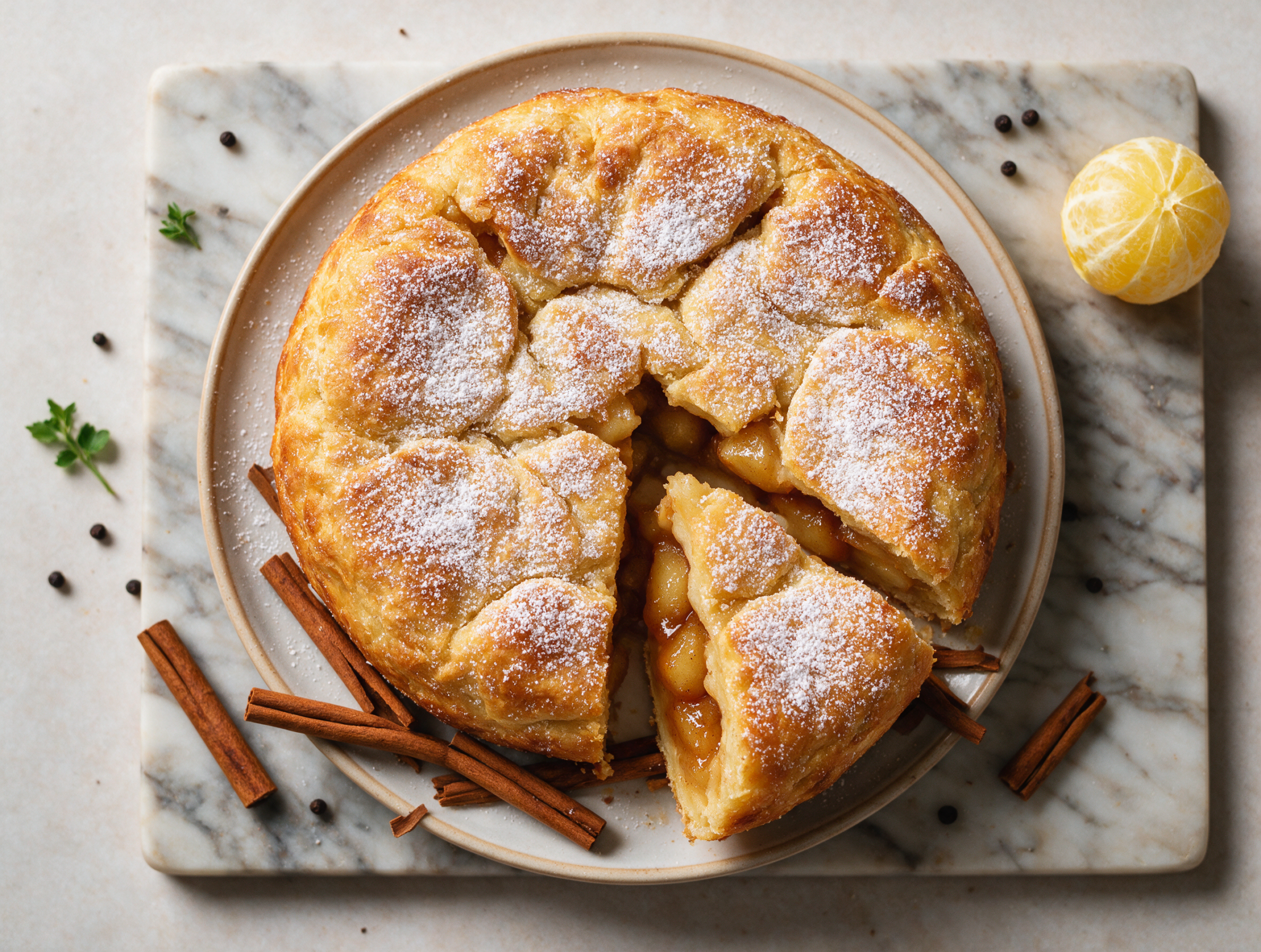 Golden pompe aux pommes on a marble board, dusted with powdered sugar, crackly crust split open showing apple filling
