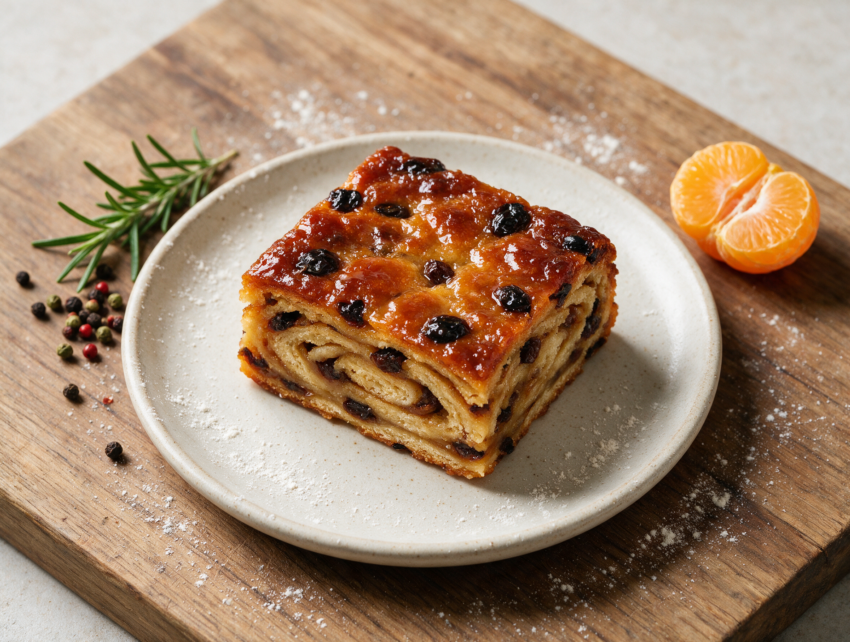 Square slice of traditional lardy cake on a wooden board showing sticky caramelized top and studded currants