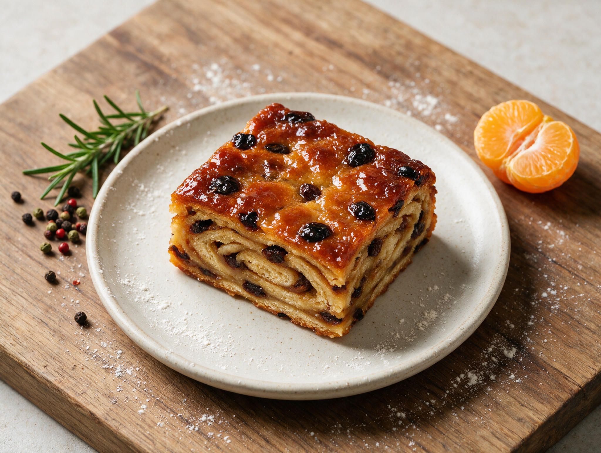Square slice of traditional lardy cake on a wooden board showing sticky caramelized top and studded currants