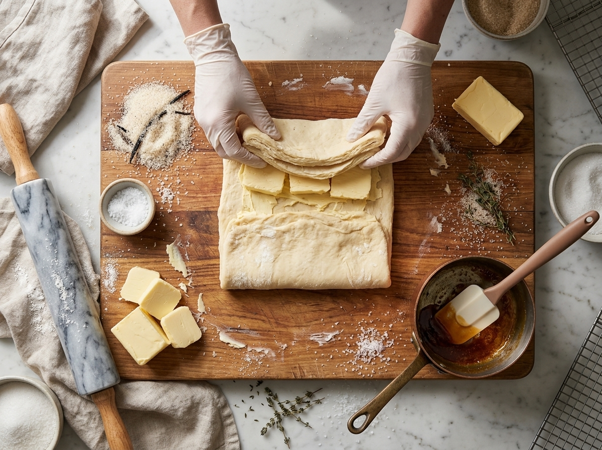 Hands folding cold butter into laminated dough on a floured wooden board, sugar crystals scattered across the surface