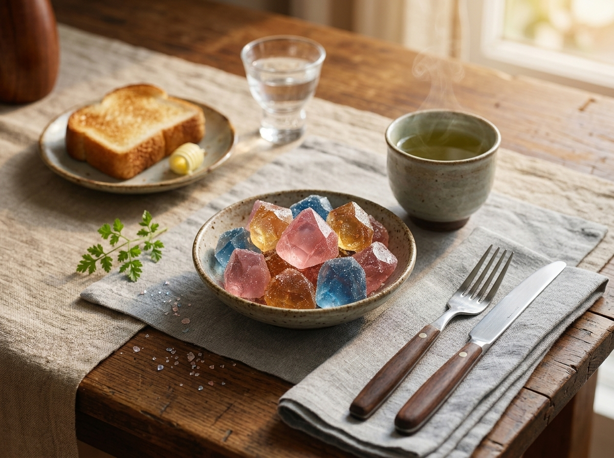 Small dish of pastel kohakutou candy served beside a cup of green tea on a linen-covered table