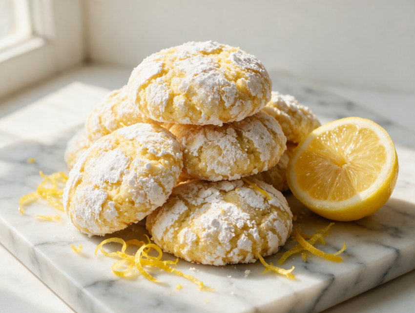 Stack of powdered sugar dusted lemon crinkle cookies with cracked golden tops on a marble board in soft window light.