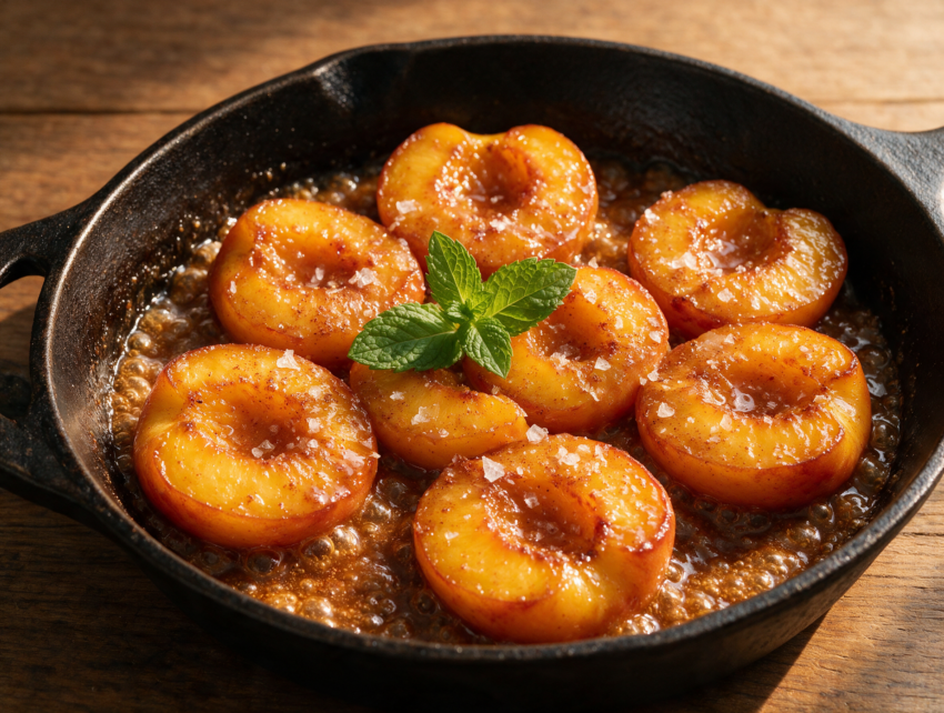 Golden caramelized peach halves glistening in brown sugar sauce, served in a dark skillet on a wooden table