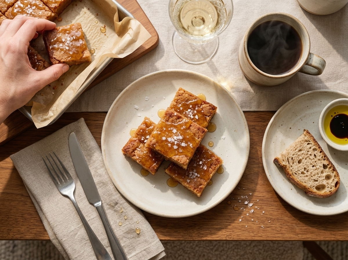 A hand lifting a cookie bar from a parchment-lined pan beside a mug of coffee on a linen napkin.