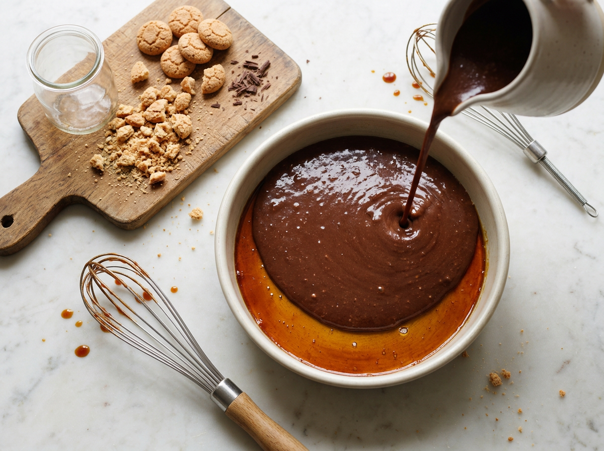 Chocolate amaretti custard being poured into a round cake pan over hardened caramel before its water bath