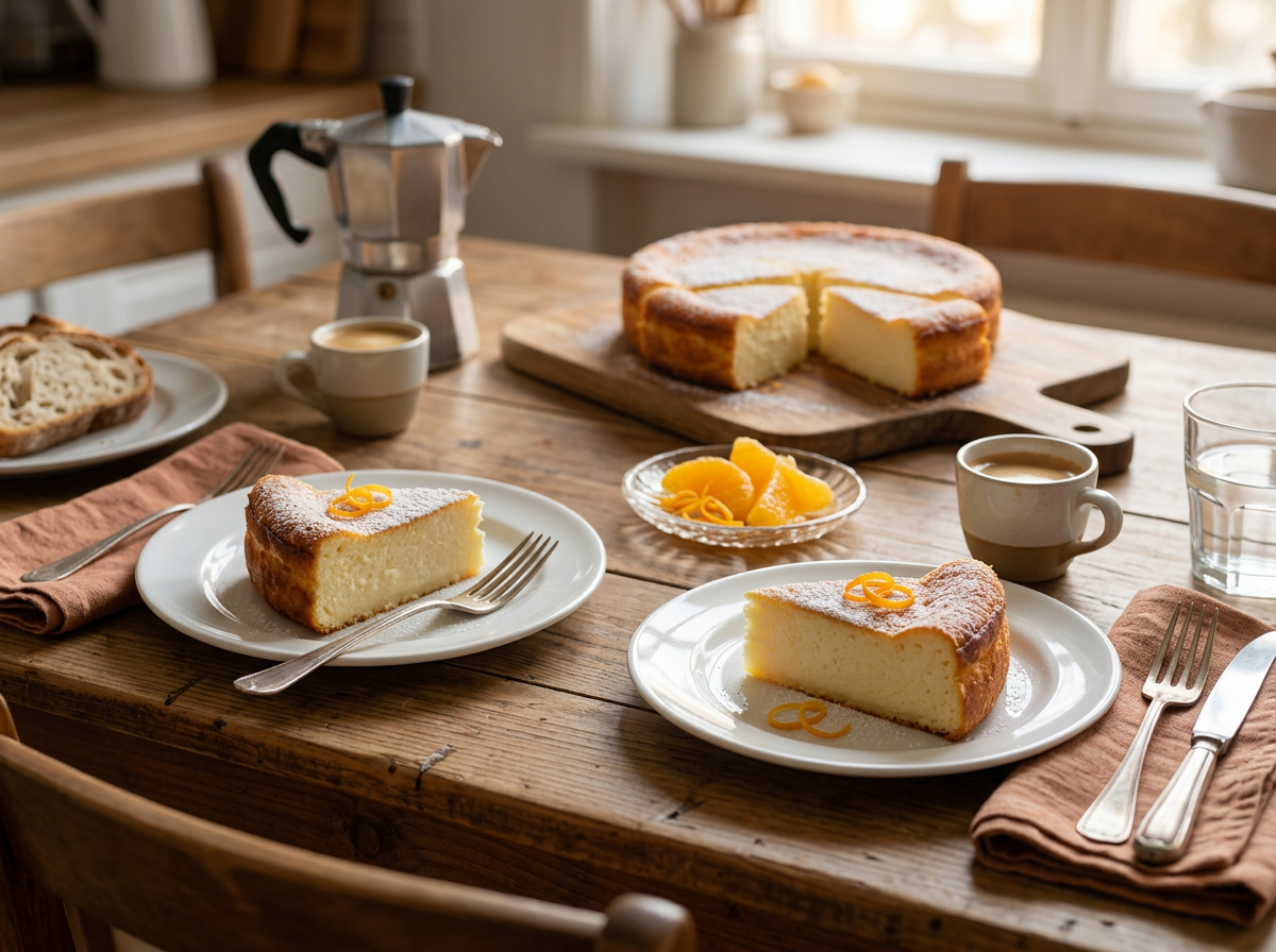 Two plates of migliaccio napoletano and espresso cups on a linen tablecloth, morning light through a kitchen window.