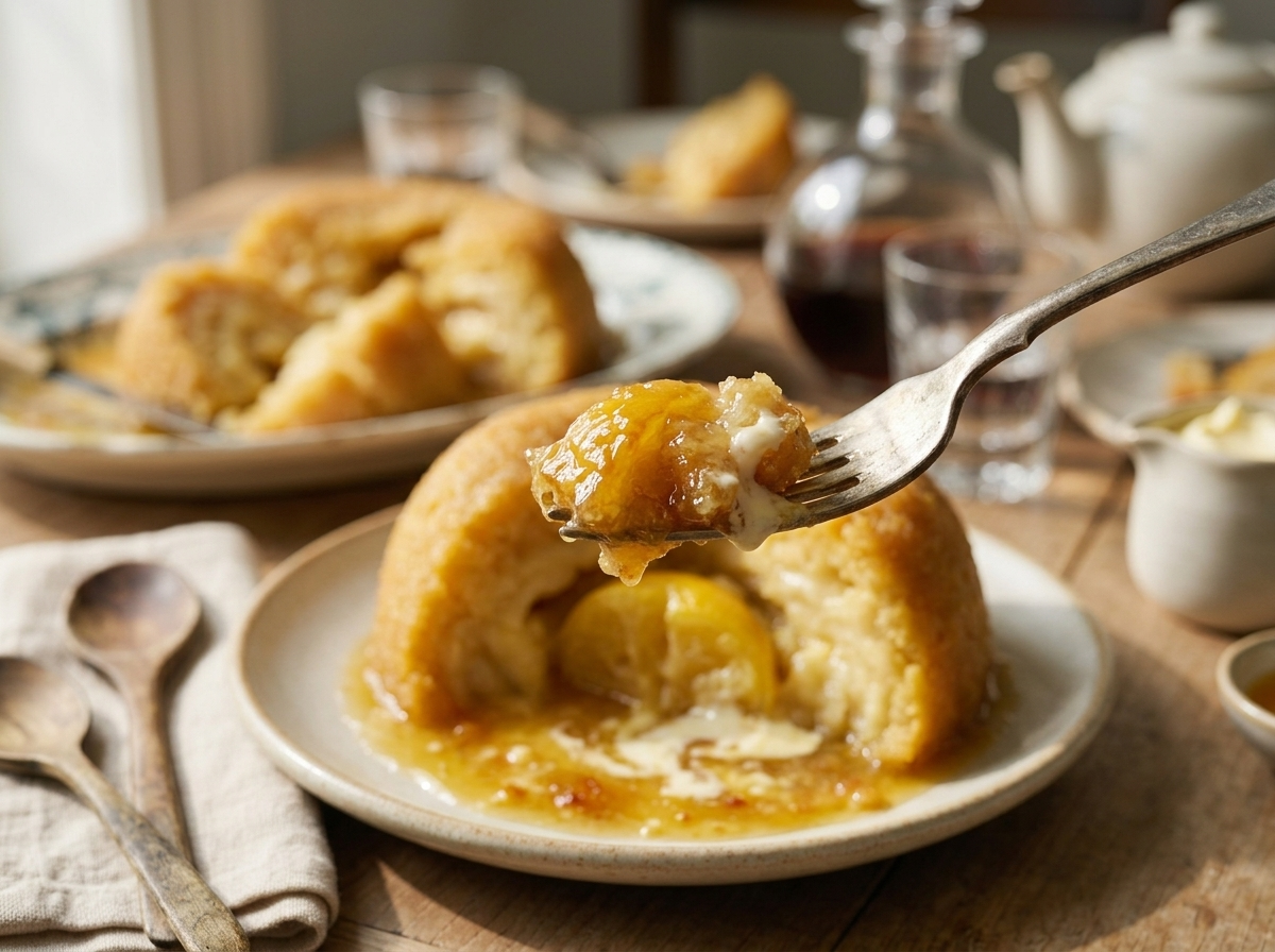 Cream being poured over a warm slice of Sussex pond pudding at a table set with linen napkins and worn spoons.