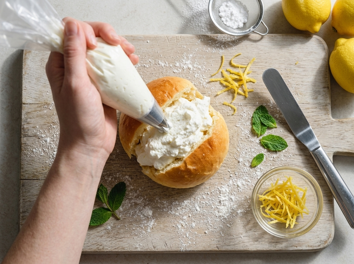 Hands piping fresh whipped cream into a warm split brioche bun on a wooden cutting board.