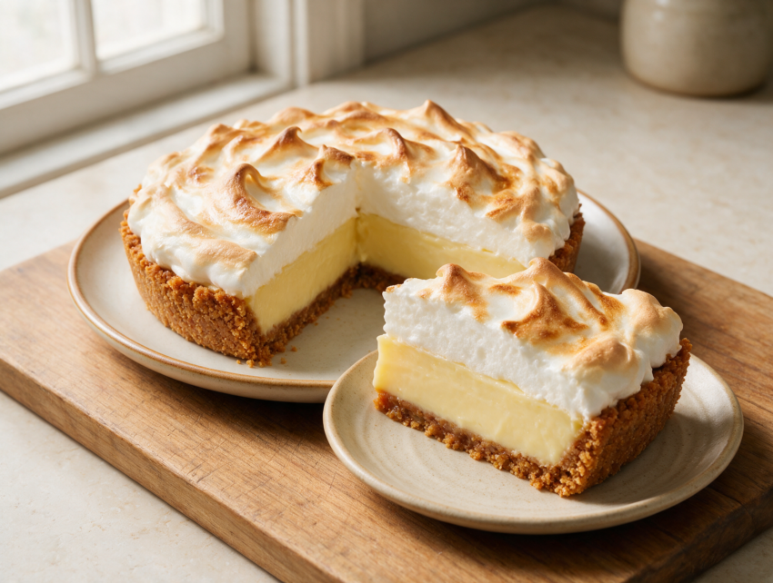 Sliced Canadian flapper pie showing graham crust, custard layer, and toasted meringue peaks on a wooden board