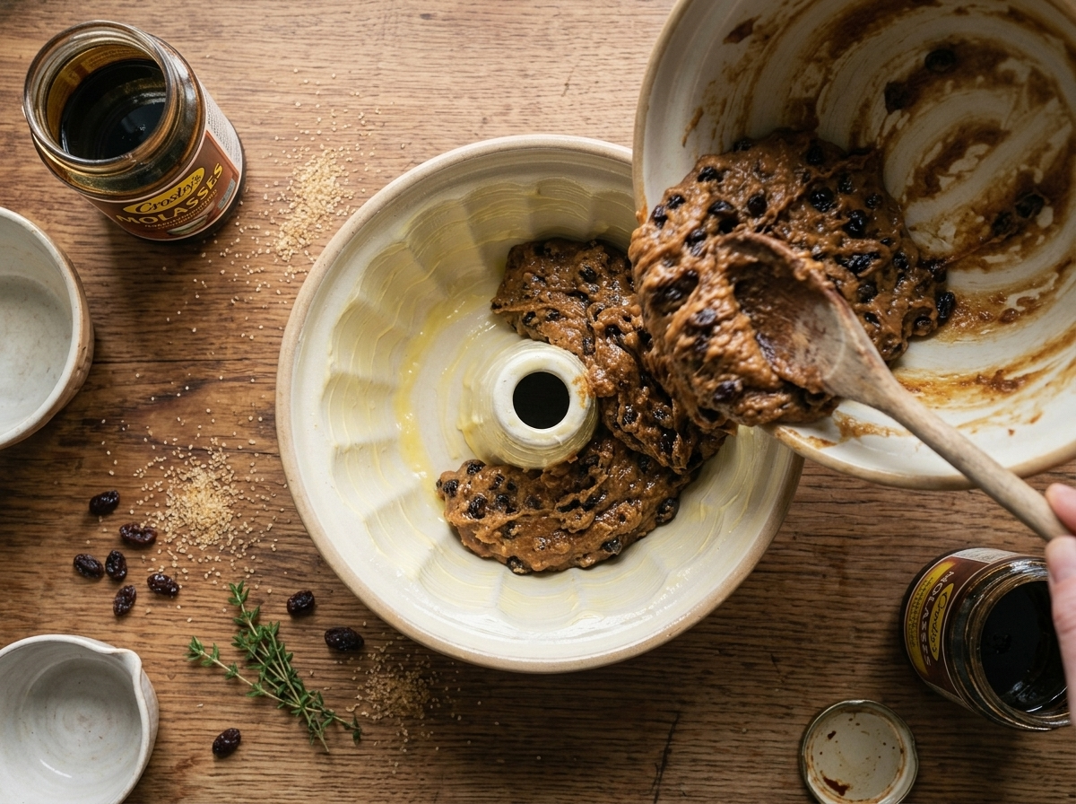 Thick raisin pudding batter being scraped into a buttered ceramic basin before steaming on a wooden counter