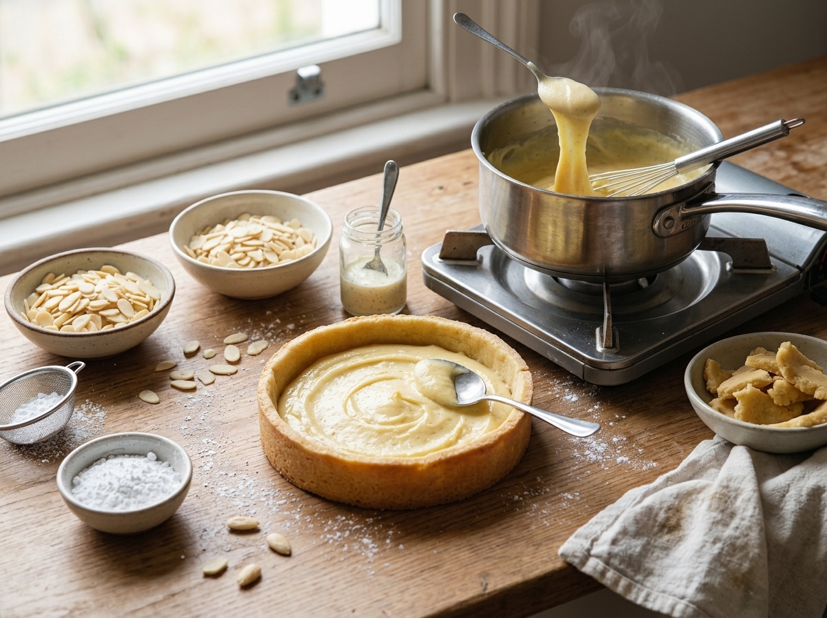 Pastry cream simmering in a saucepan while a whisk lifts a thick, pale yellow ribbon off the surface.