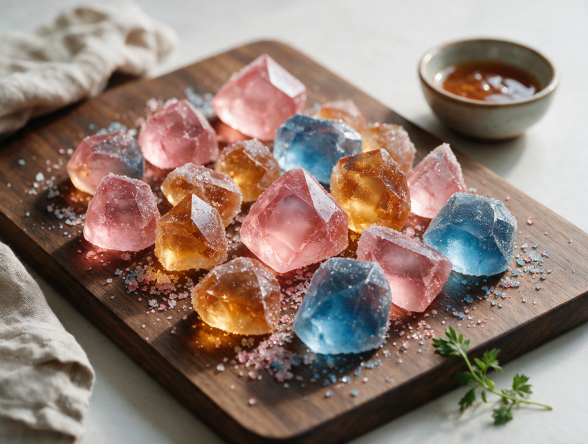 Jewel-toned kohakutou candy pieces with a crackly sugar shell stacked on a dark wooden board in soft light