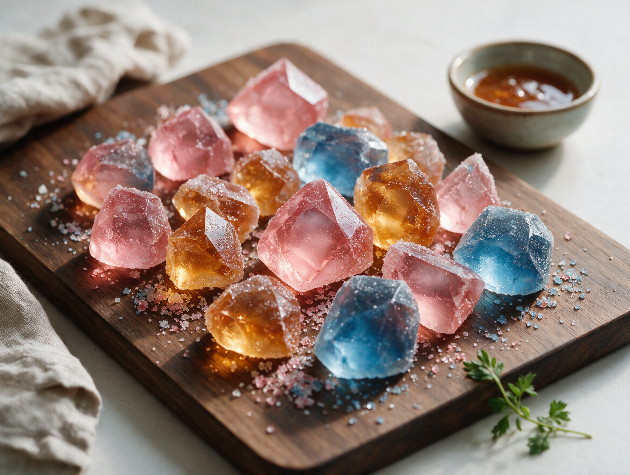 Jewel-toned kohakutou candy pieces with a crackly sugar shell stacked on a dark wooden board in soft light