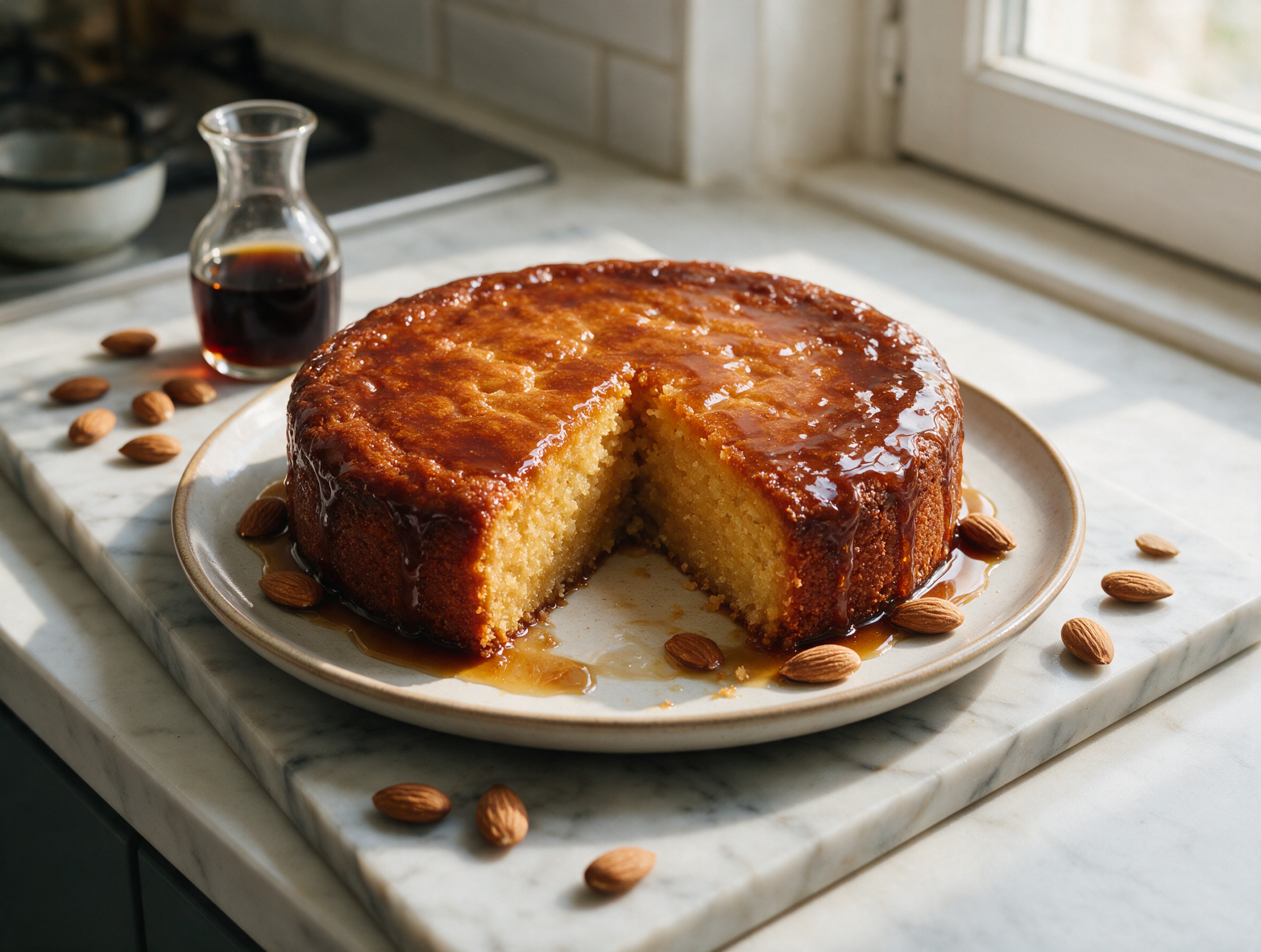 Sliced gateau nantais on a marble board showing dense almond crumb and glossy rum glaze dripping down the side