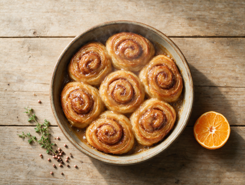 Overhead view of baked pets de soeur rolls in a ceramic dish, golden tops glazed with bubbling maple cream and steam rising.