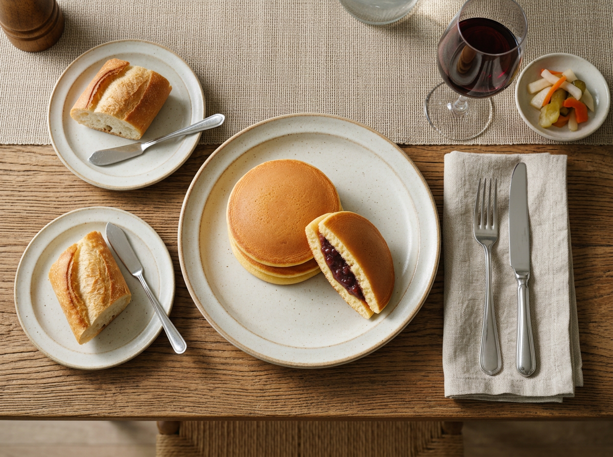 Two dorayaki pancakes on a small plate beside a cup of green tea on a linen napkin at a wooden table.