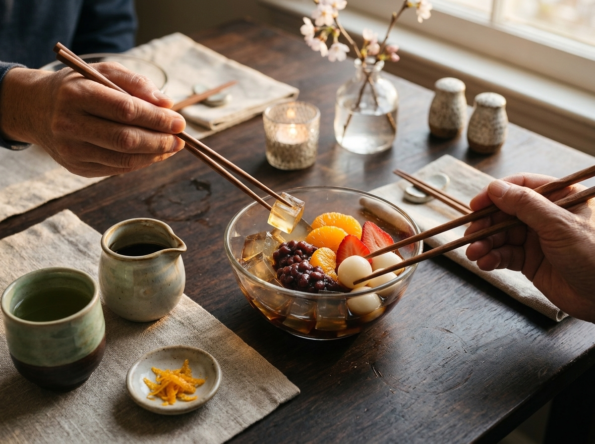 Two hands with chopsticks over a bowl of anmitsu at a wooden table, a small pitcher of kuromitsu syrup and green tea nearby