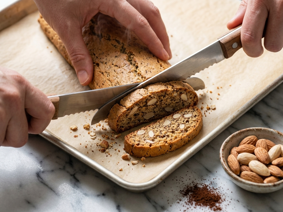 Hands slicing a warm biscotti log into diagonal pieces with a serrated knife on a parchment-lined sheet pan.