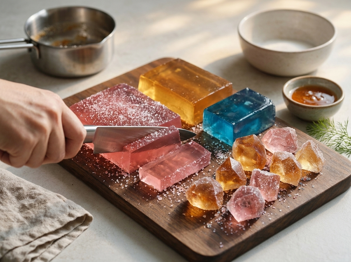 Cutting firm agar jelly into small chunks on a wooden board before the multi-day drying stage of kohakutou
