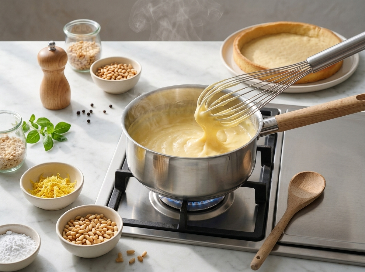 Lemon pastry cream thickening in a saucepan while being whisked, steam rising above the pale yellow custard