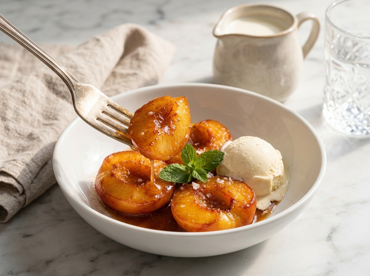 A bowl of caramelized peaches over vanilla ice cream on a linen napkin, morning light through a window