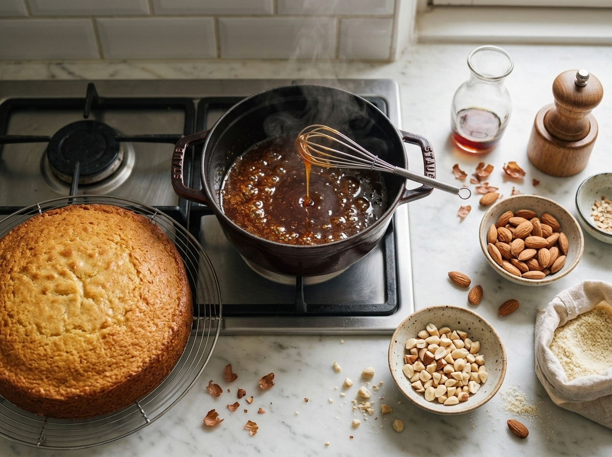 Whisk lifting glossy rum glaze from a bowl beside a just-baked golden cake cooling on a wire rack