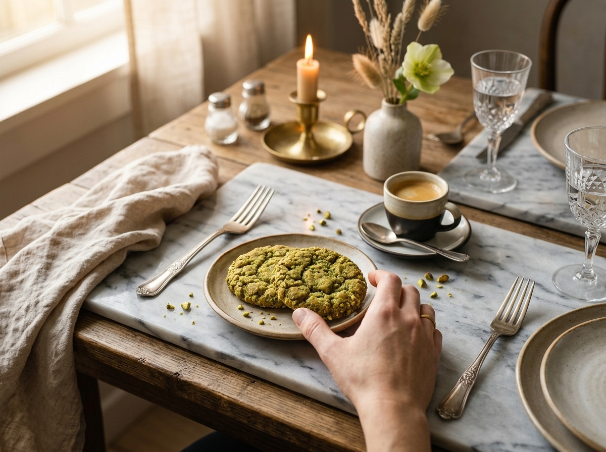 Hand reaching for a pistachio cookie next to a cup of espresso on a linen-covered table