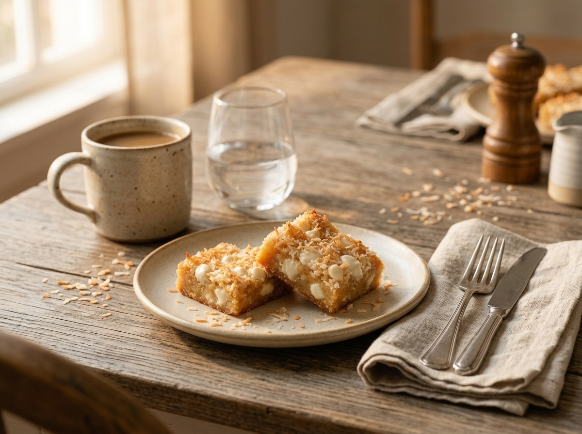 Two coconut blondie squares on a small plate beside a cup of coffee on a linen napkin, morning light on a kitchen table.