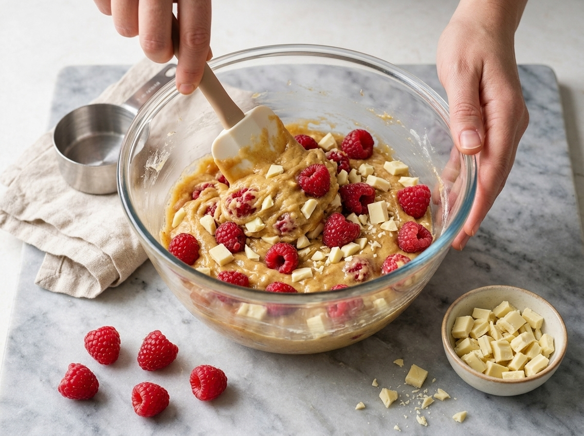Hands folding chopped white chocolate and whole raspberries into golden blondie batter in a glass mixing bowl.