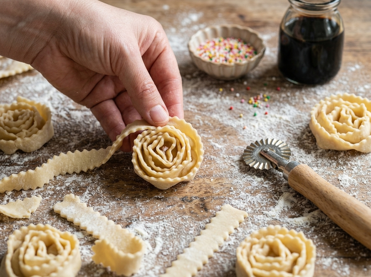 Hands pinching a ruffled dough strip into a spiral rose on a floured countertop next to a fluted pastry wheel