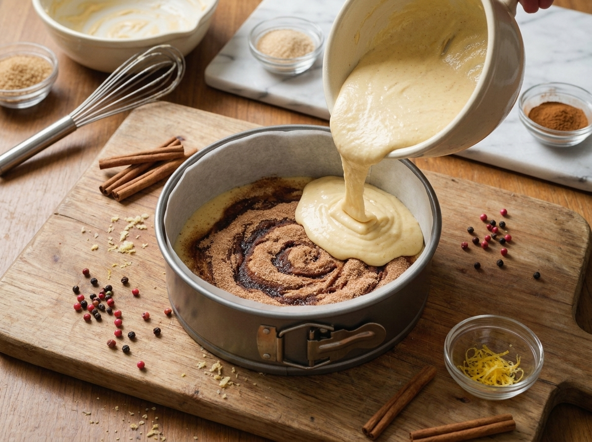 Batter being poured over a cinnamon sugar swirl inside a springform pan, whisk and mixing bowl visible on the counter