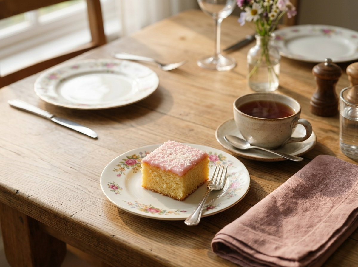 Square of Tottenham cake on a floral plate beside a cup of black tea on a wooden table