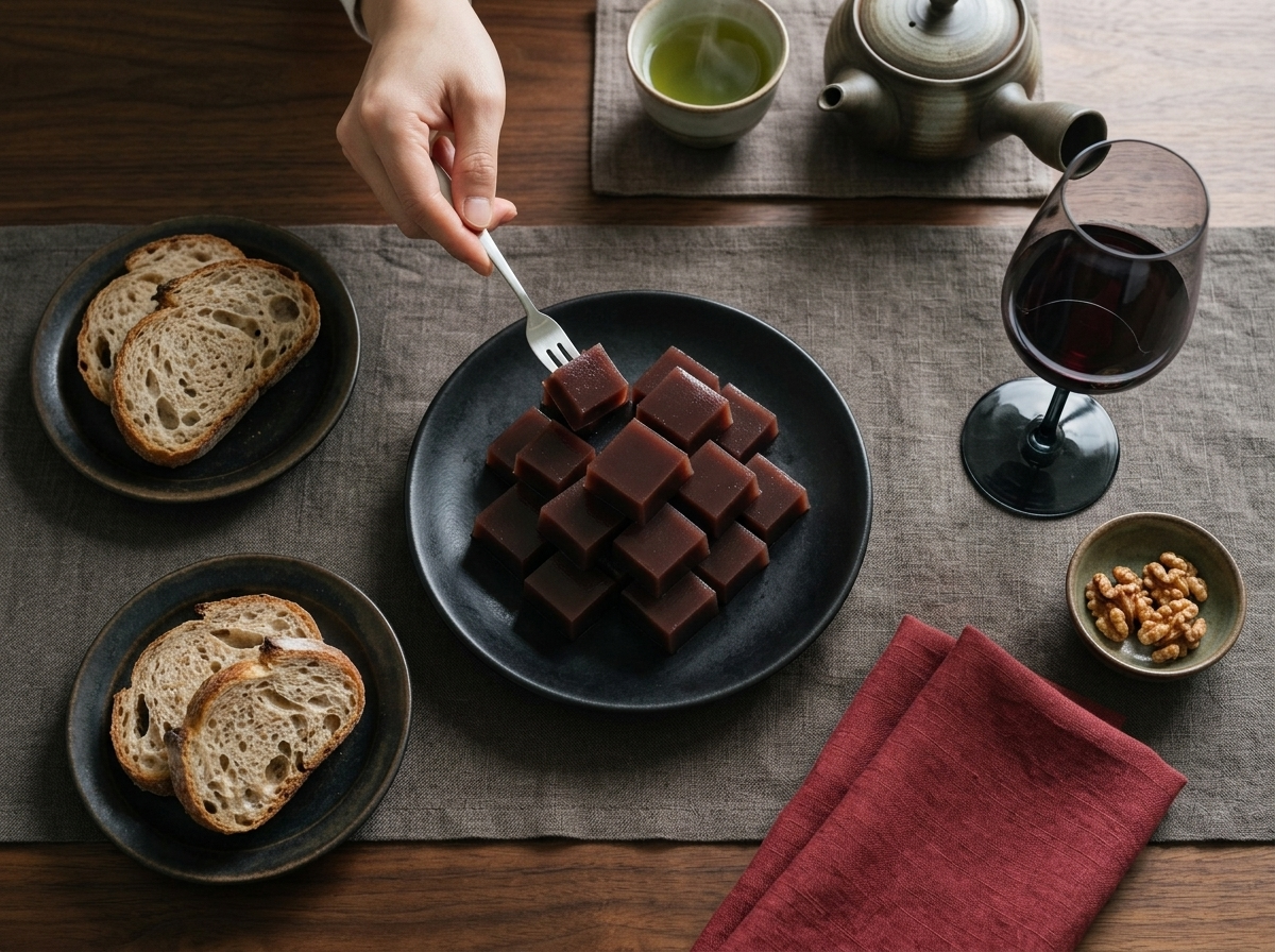 Hands lifting a slice of yokan with a small fork next to a steaming cup of green tea on a linen mat