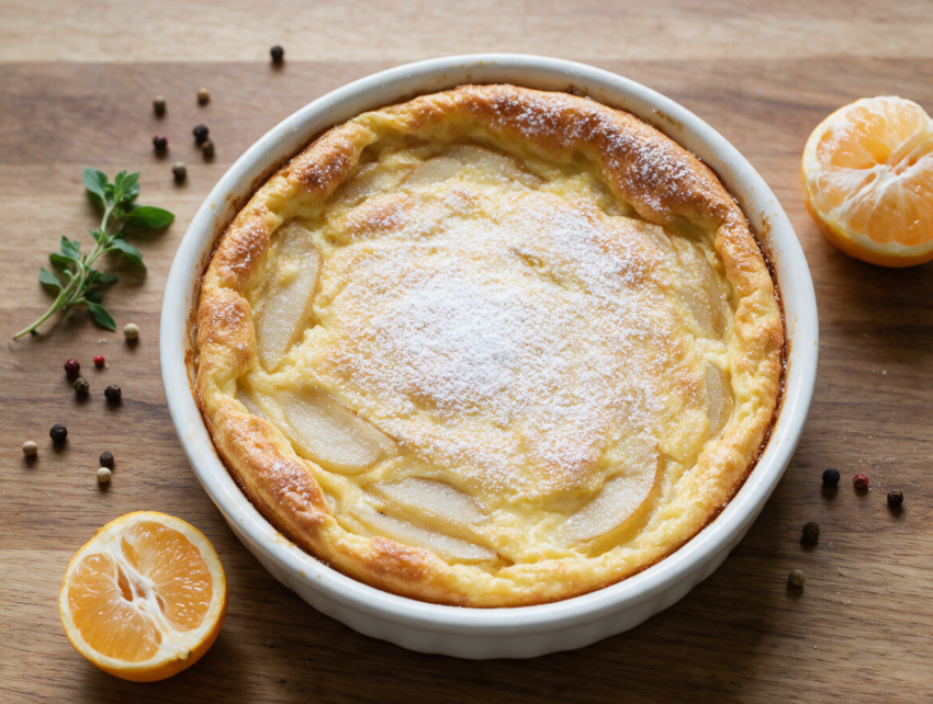 Golden baked pear flognarde in a white pie dish with visible pear slices and a dusting of powdered sugar on top
