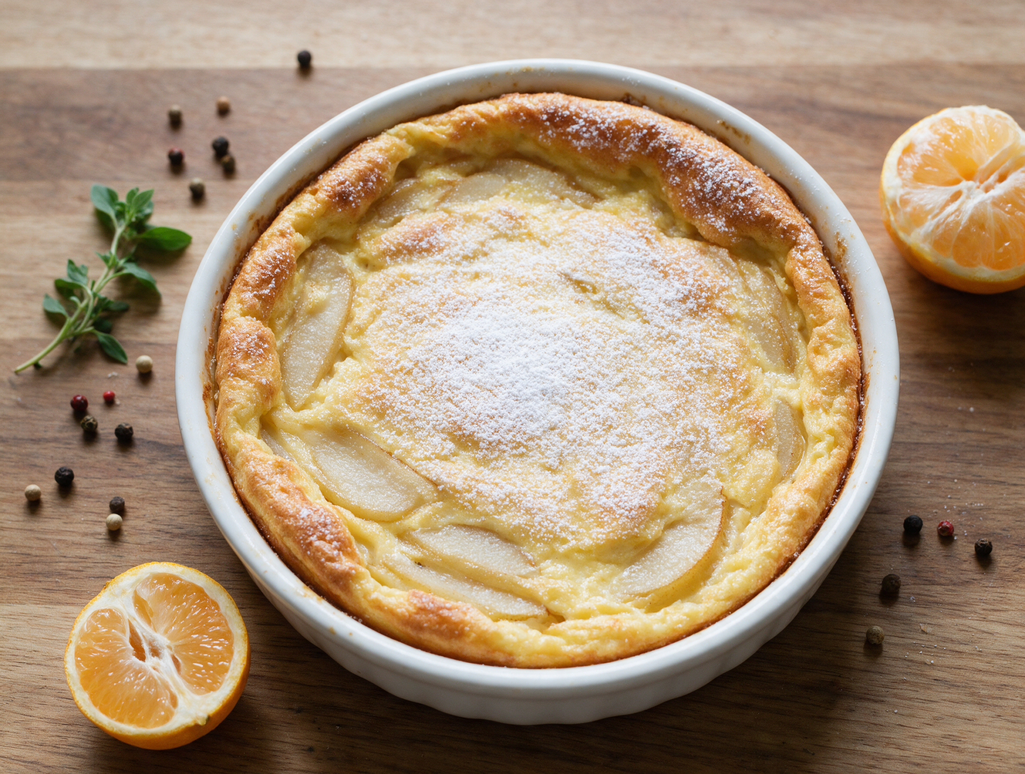 Golden baked pear flognarde in a white pie dish with visible pear slices and a dusting of powdered sugar on top