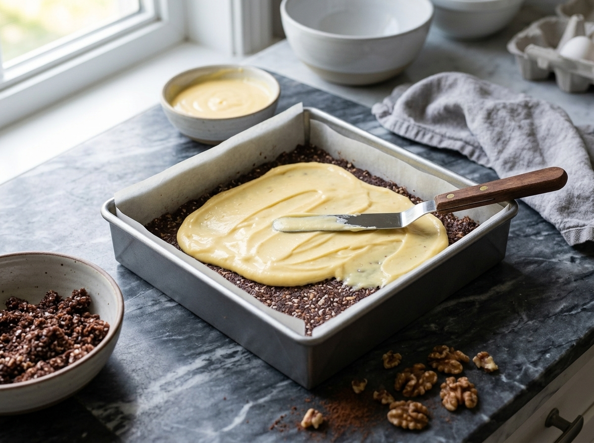 Hands spreading pale yellow custard buttercream over a chilled chocolate-coconut crumb base in a square parchment-lined pan