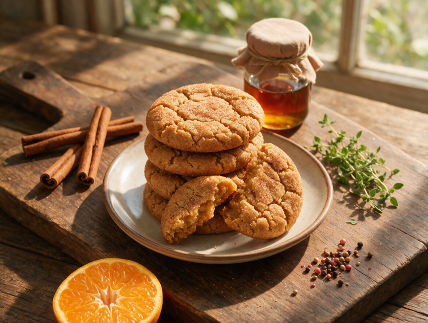 Overhead shot of soft maple brown sugar cookies stacked on a wooden board, one split open showing a chewy center.