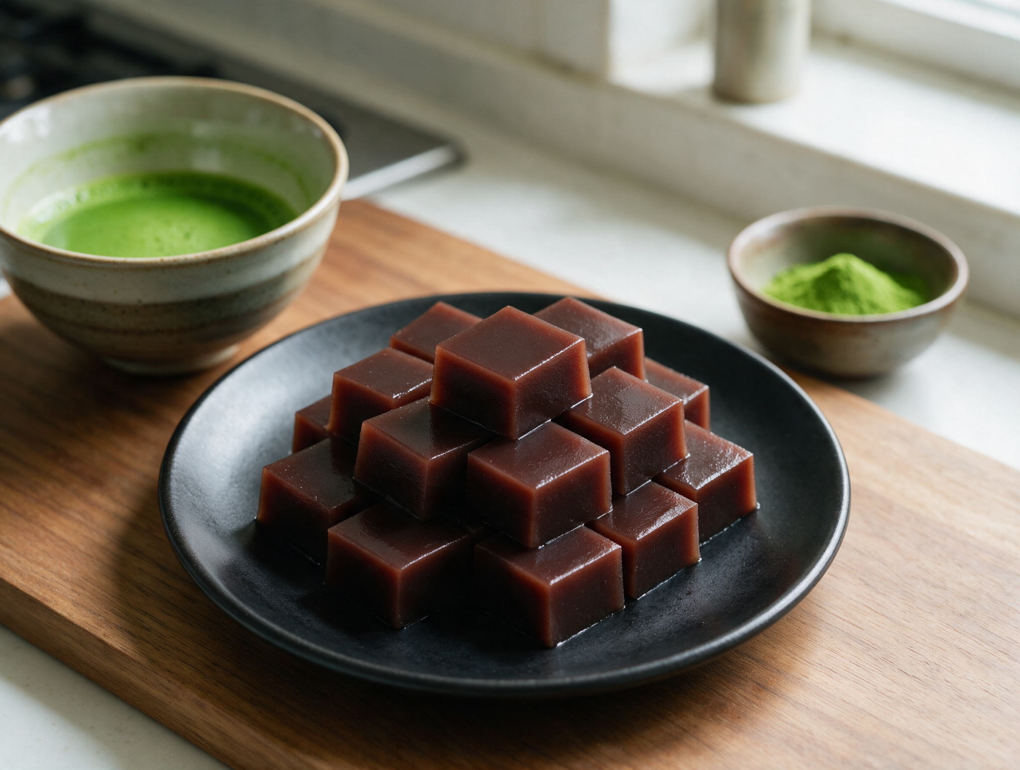 Glossy dark red yokan squares stacked on a black plate beside a bowl of matcha and a wooden tray