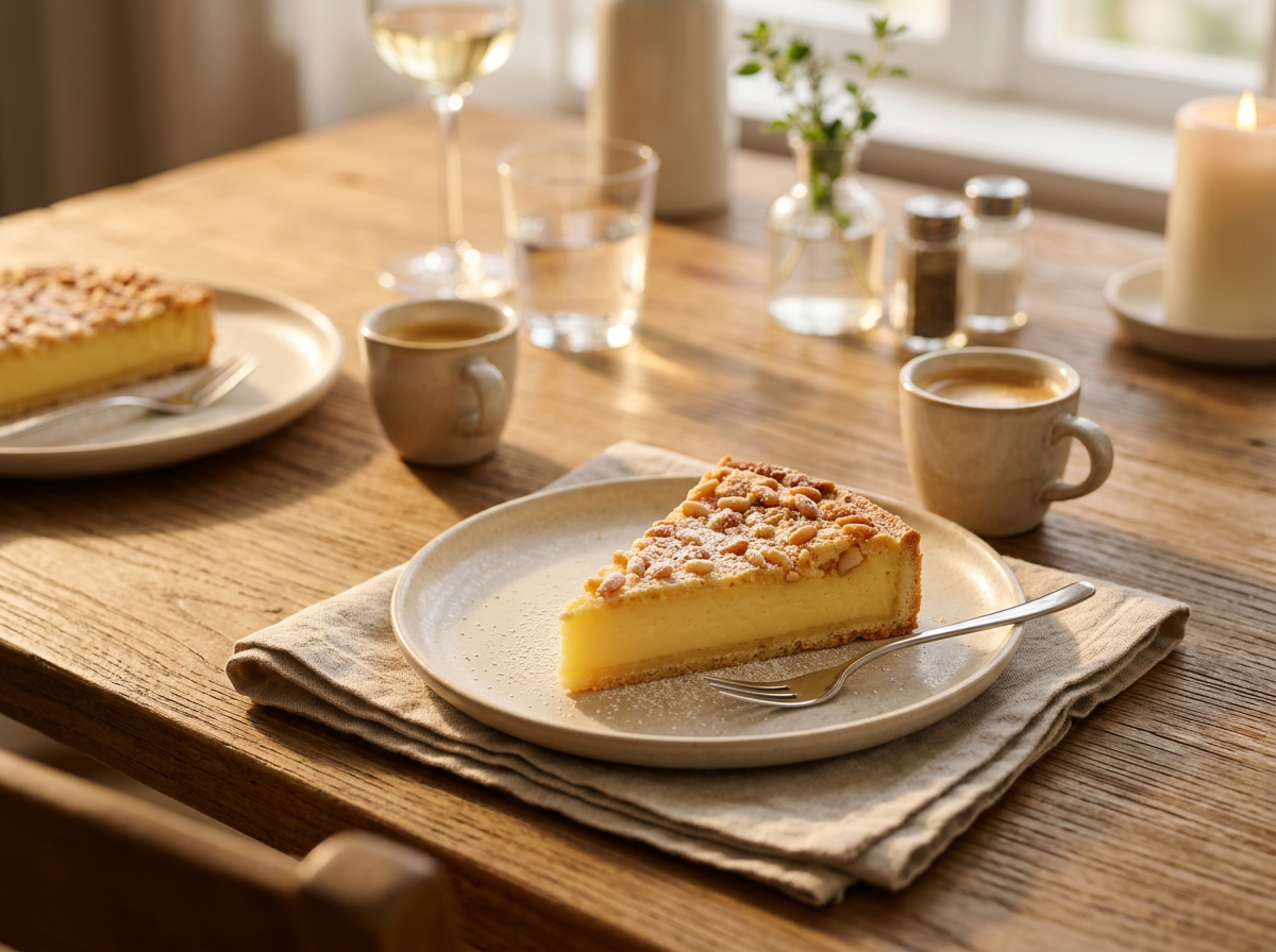 A slice of torta della nonna plated on a linen napkin beside a small espresso cup on a wooden table